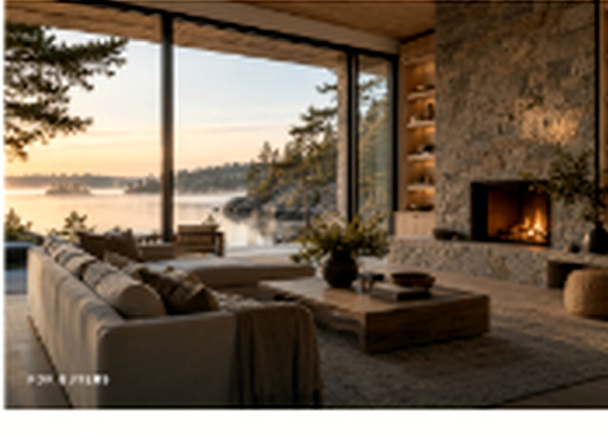Warm architectural living room overlooking water, concept photograph